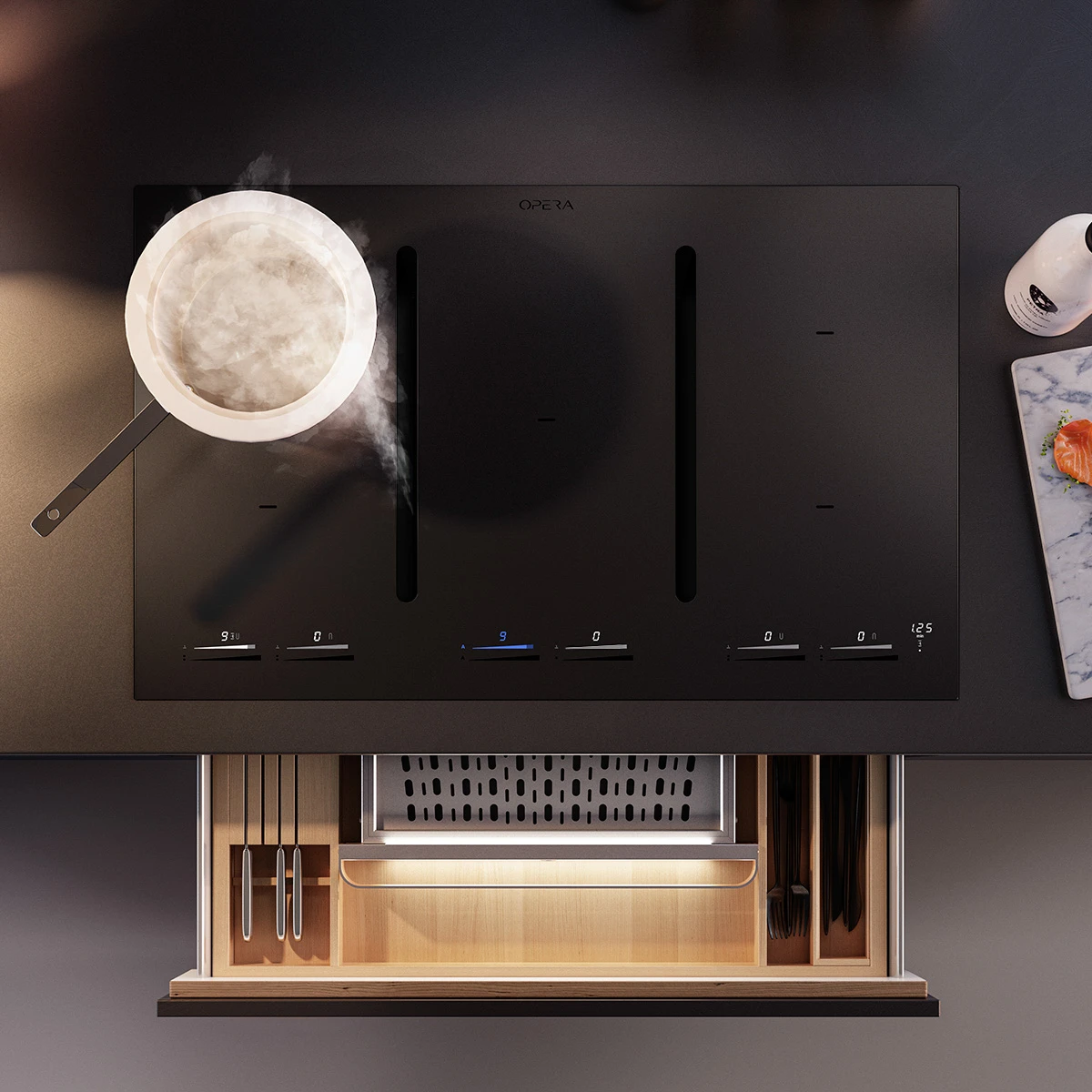 Opera Nivel: de enige 5-pits kookplaat met afzuiging